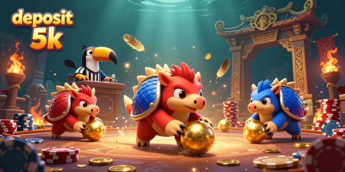 Engaging 3D gambling scene illustrating deposit 5k gameplay with rival pangolins, poker chips, and dynamic casino elements.