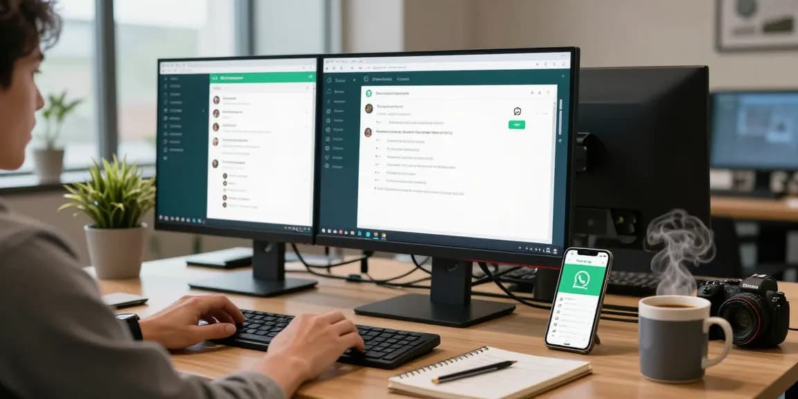 WhatsApp電腦版 desktop application in a modern workspace with dual monitors and a lively atmosphere.