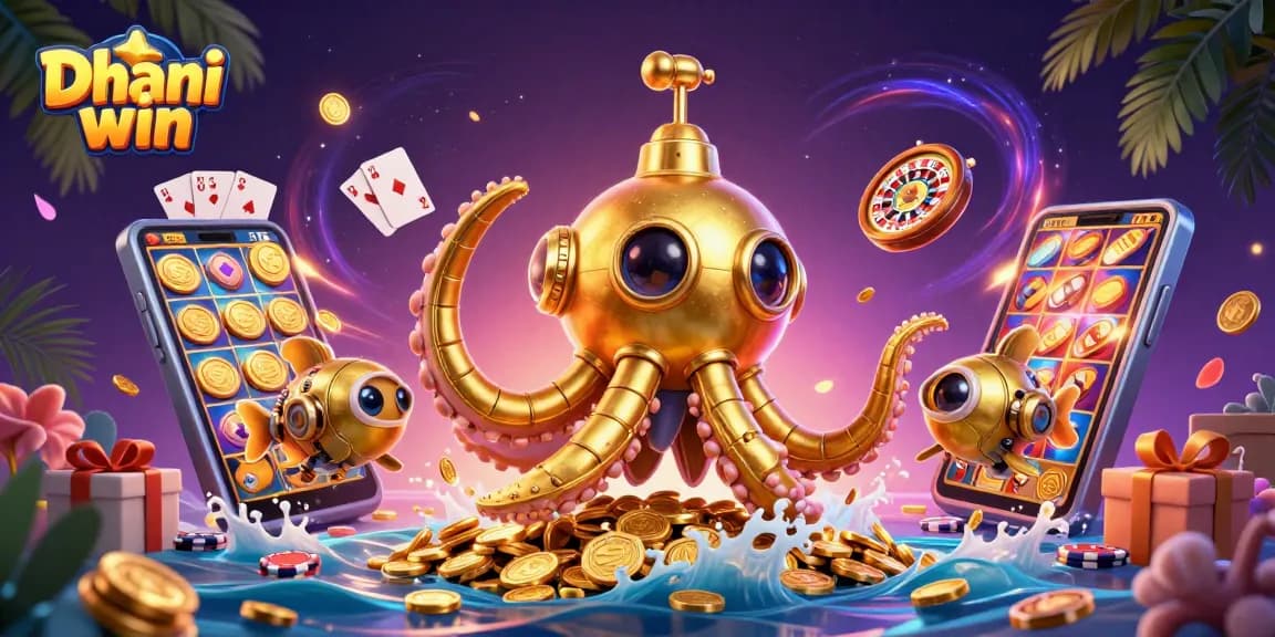 Dhani win offers thrilling gameplay as a golden kraken submarine emerges through golden coins with dynamic slot game elements.