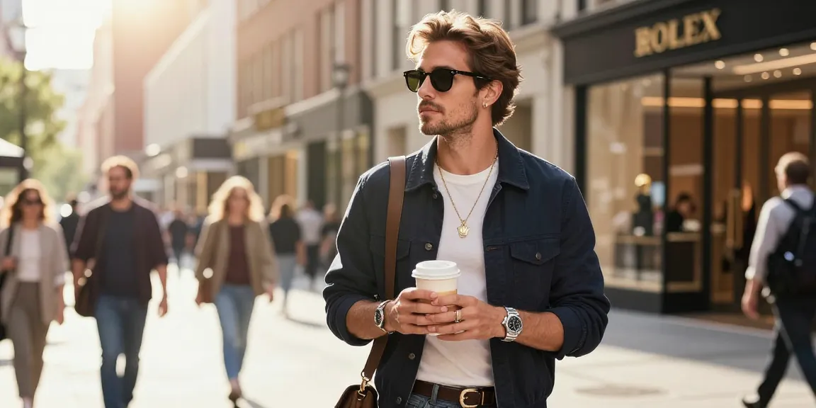 Stylish individual wearing Rolex super clone watches in a vibrant urban setting.