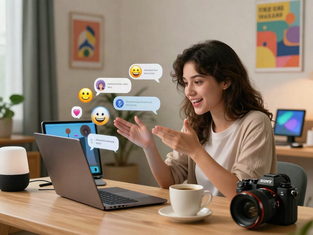 Young woman enjoying an ai porn chat interaction in a vibrant digital workspace.