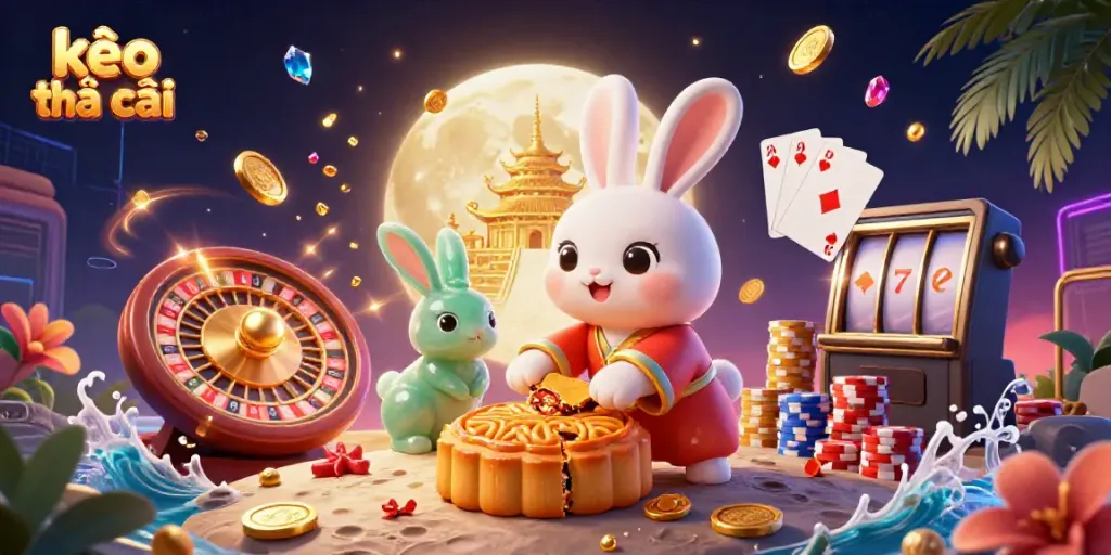 Experience the thrill of kèo nhà cái illustrated with a moon rabbit, poker chips, and vibrant casino elements.