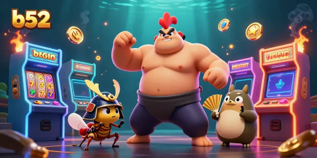 Experience thrilling gaming action with the b52 sumo wrestler rooster and samurai cricket in this vibrant casino scene.