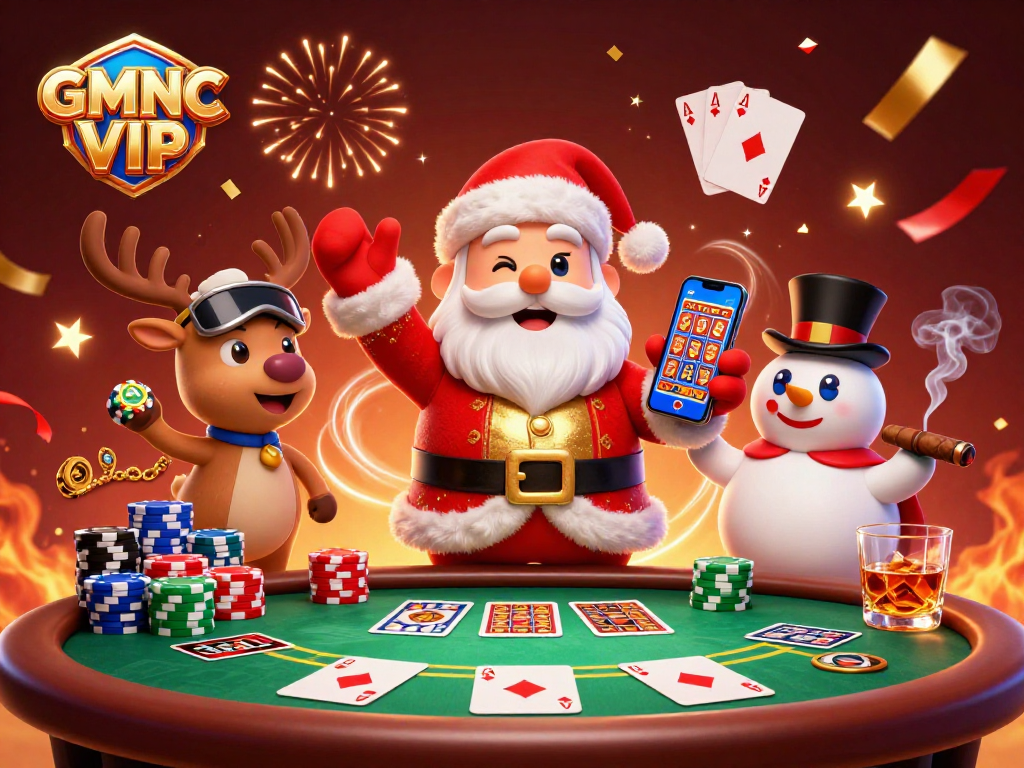 Engage in thrilling gaming action with GMNC VIP as Santa and friends celebrate wins in a festive casino.