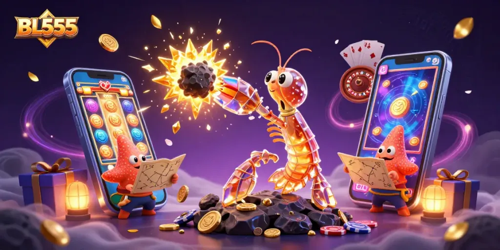 Engaging BL555 casino scene featuring a vibrant cartoon shrimp and starfish amidst gold coins and slot games.