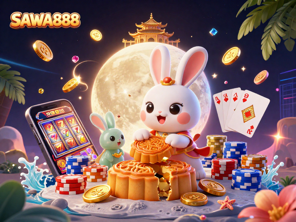 Experience the thrill of SAWA888 as the moon rabbit reveals poker chips from mooncakes amidst cascading gold and vibrant game elements.