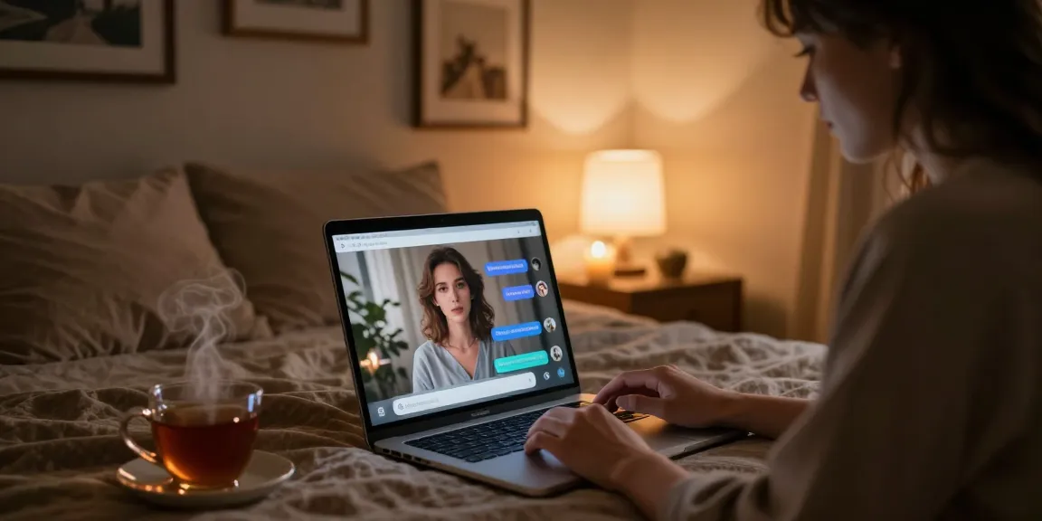 Engaging in nsfw ai chat on laptop in cozy bedroom setting with soft lighting.