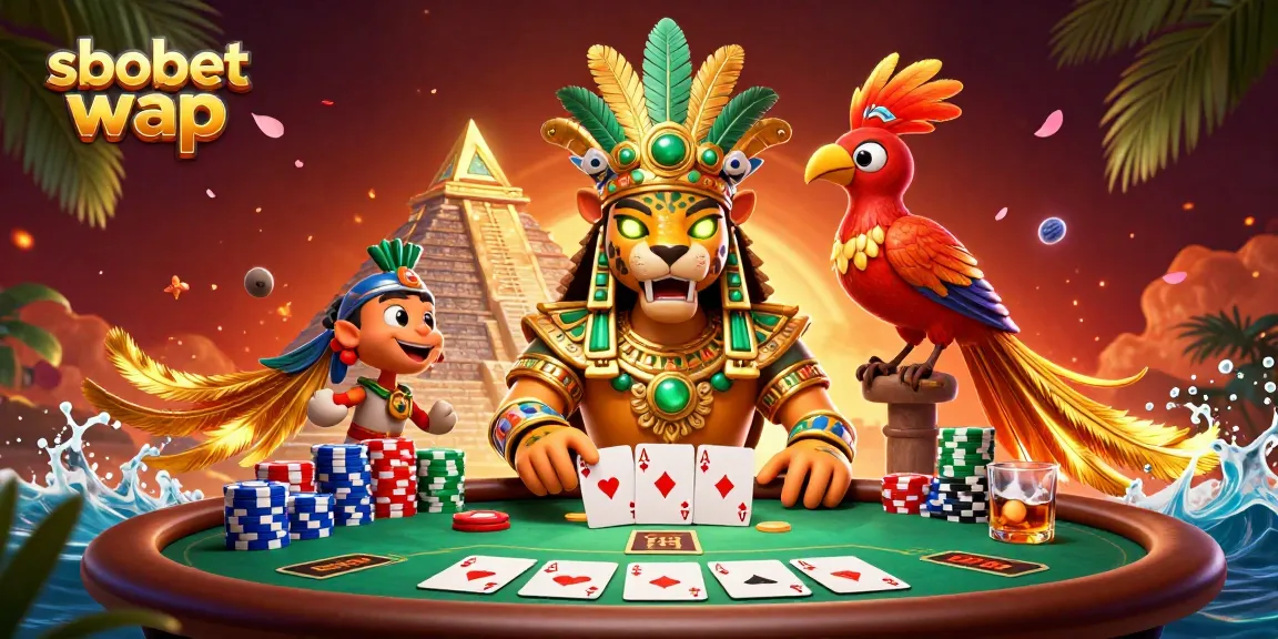 Engage in sbobet wap betting with dynamic 3D illustration showcasing mayan priest and vibrant gaming elements.