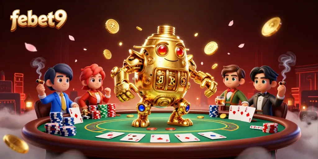 Experience the excitement of febet9 with a lively 3D scene featuring a golden golem and poker elements.