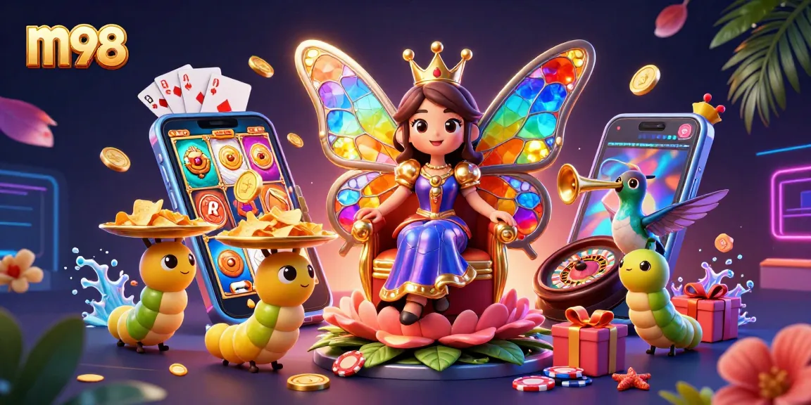 Experience m98 gaming excitement with a vibrant scene of a butterfly queen surrounded by dazzling casino elements.