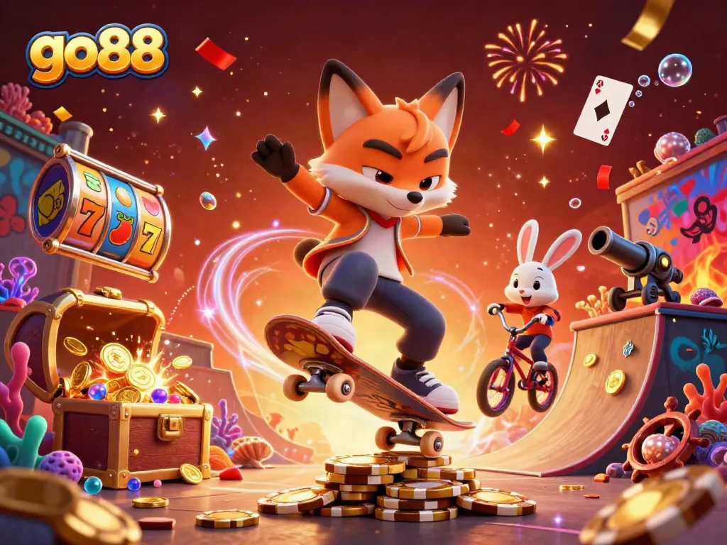 Engage with go88 as the animated fox performs tricks over golden poker chips, bringing vibrant casino energy alive.