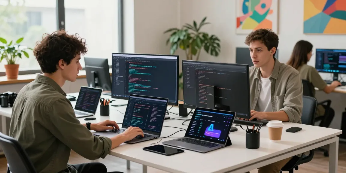 A collaborative tech workspace with a developer analyzing agentic AI features on a laptop, surrounded by innovative digital tools.