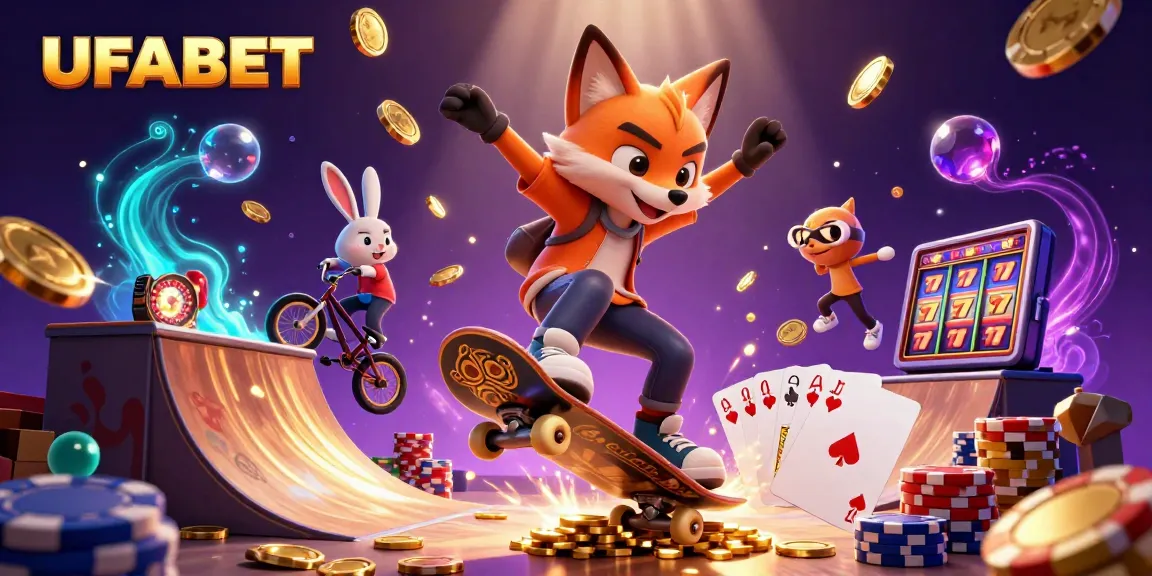 Bet on UFABET with a playful fox and rabbit in a vibrant casino scene full of action.