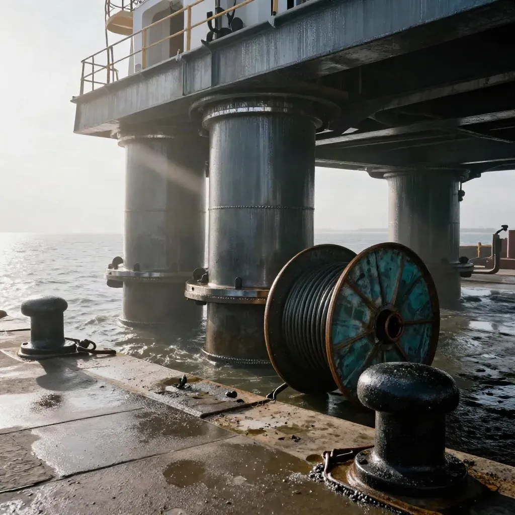 Monopile and cable reel on a misty harbour quay with bollards, spray and wet stones