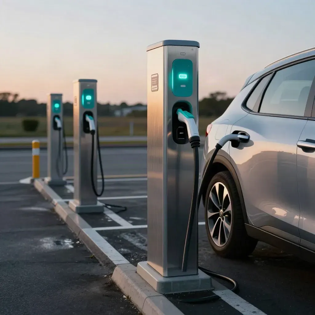 EV chargers glowing beside a fleet car in a dusk car park