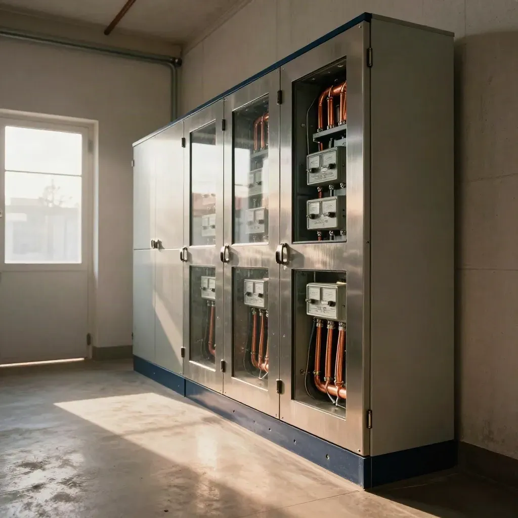 Upgraded electrical intake room with polished switchgear, metering stacks and tidy cable runs.
