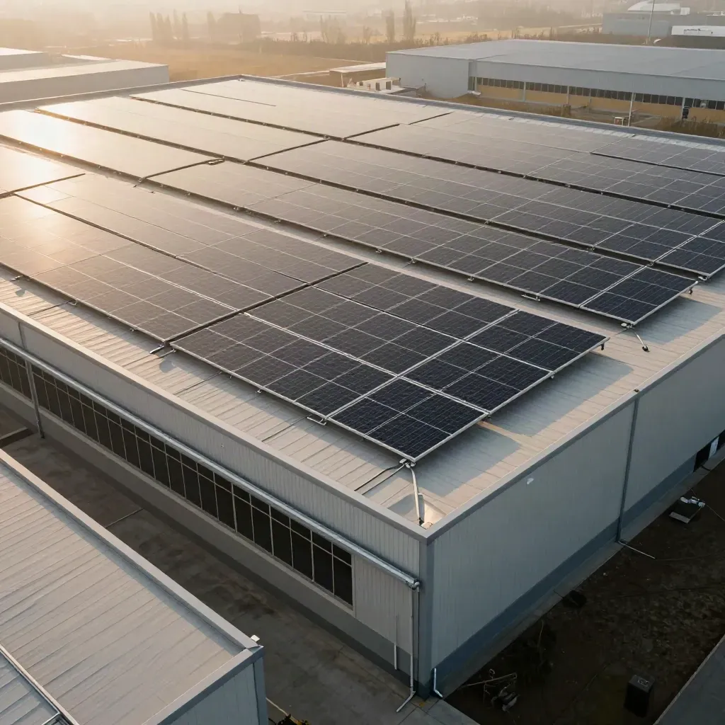 Warehouse roof with finished solar panels above a bright service yard in morning mist.