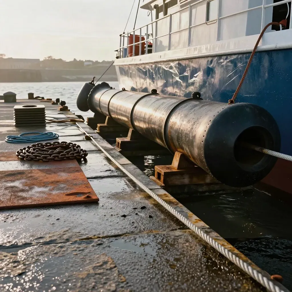 Monopile on a tidal quay with fenders, mooring lines and a wind project laydown zone.