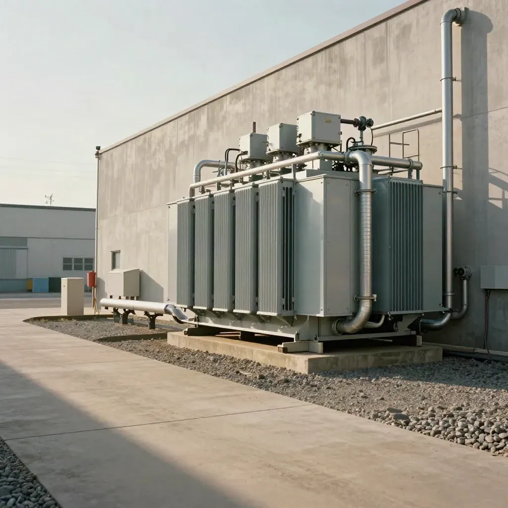 Low view of factory battery storage beside a substation wall and neatly run electrical equipment.