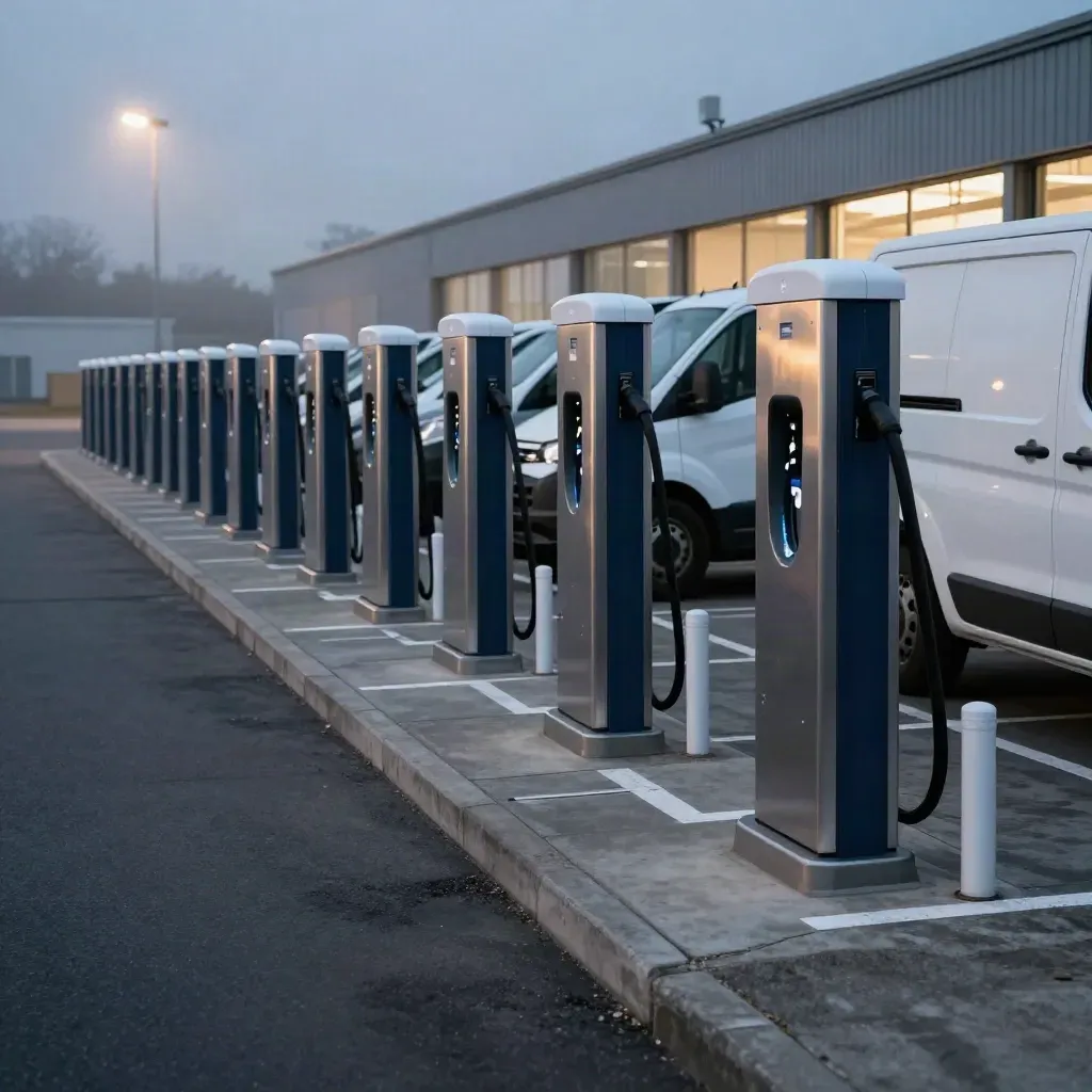 EV chargers and parked fleet vans aligned in a council depot car park at dusk.