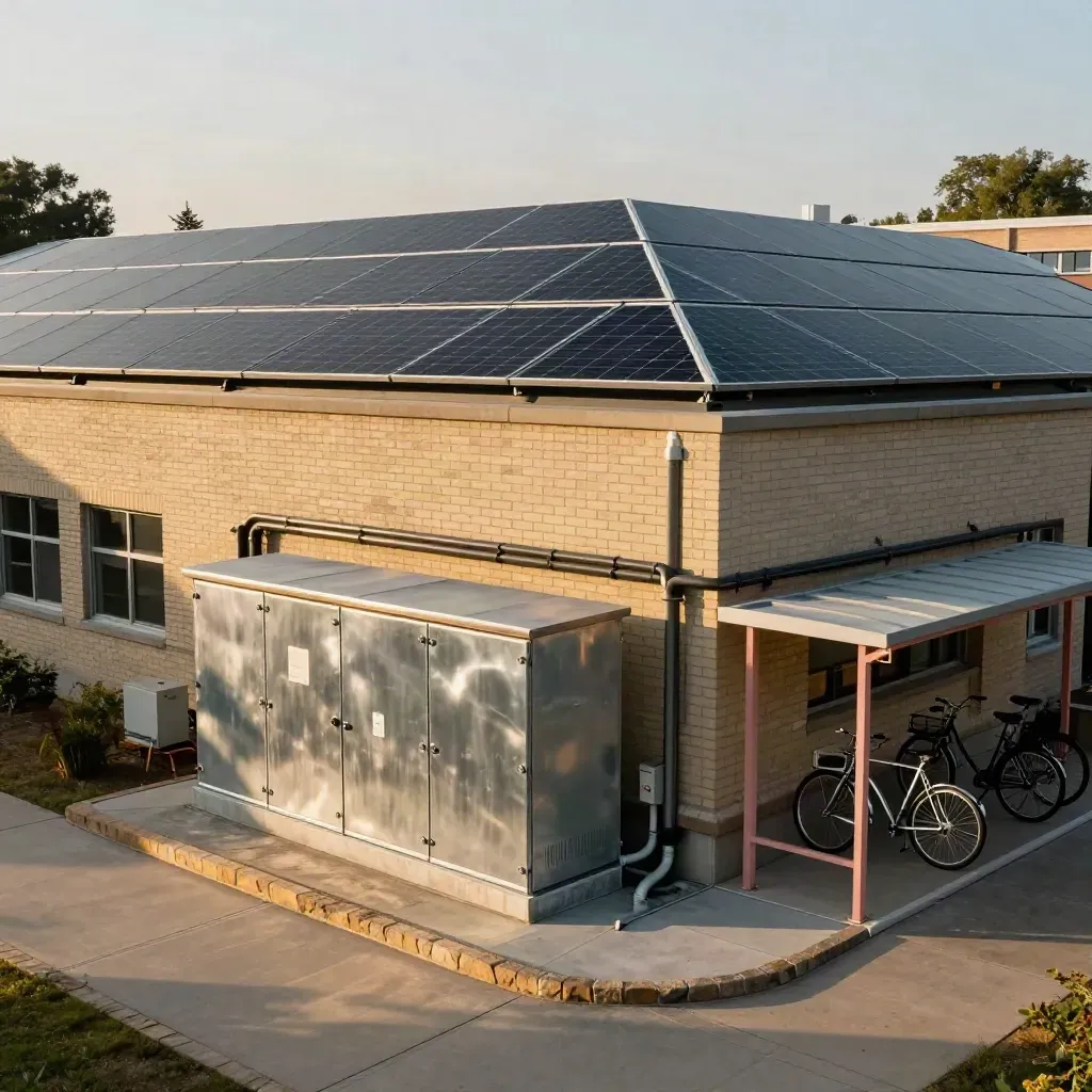 School campus solar roof, substation and bike bay in low golden light