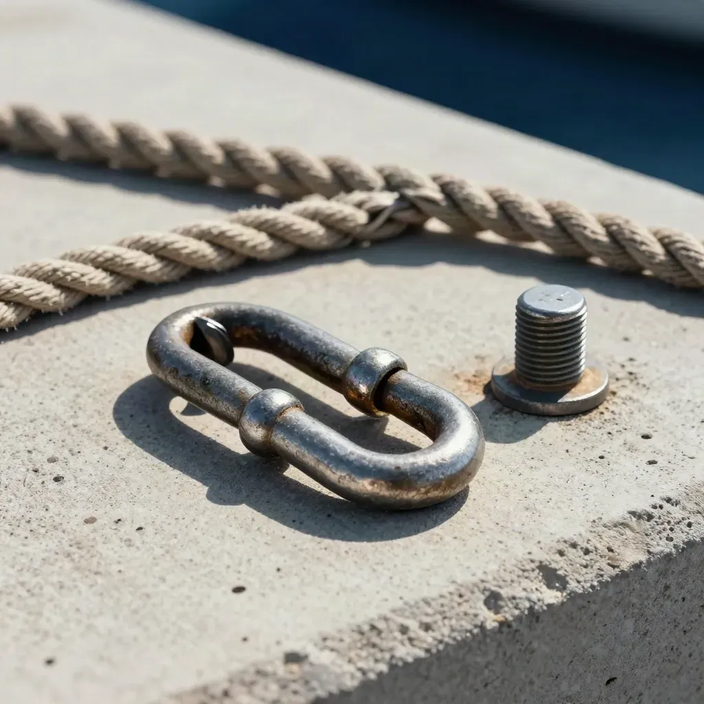 Marine shackle, braided rope and bolt on pale concrete in a dramatic coastal still life.