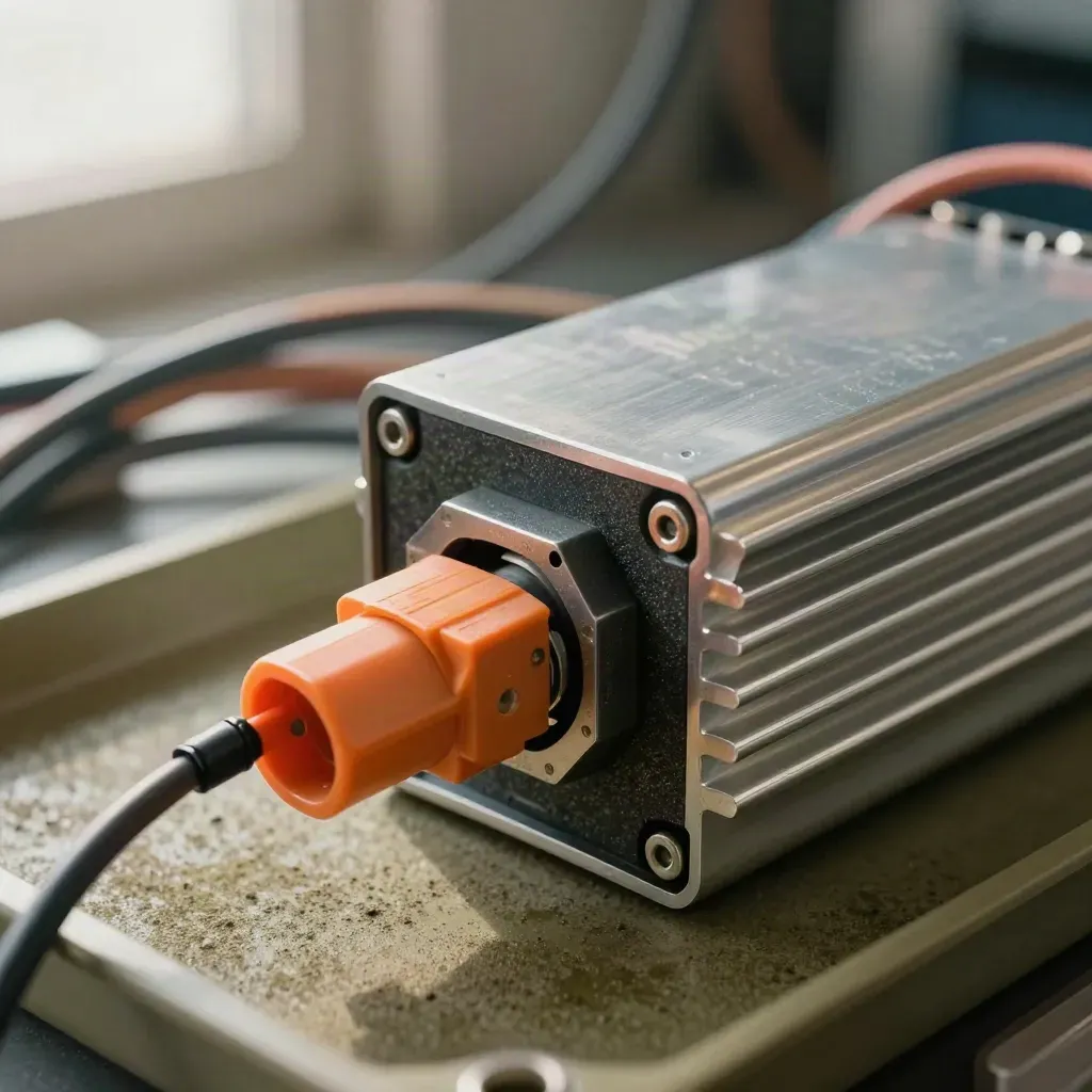 Lithium cell module, orange connector, cables and heat sink on a workshop mat.