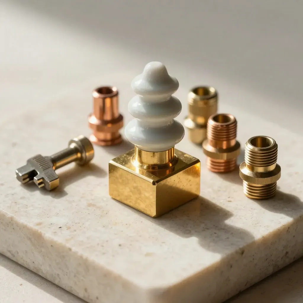 Top-down still life of brass contact blocks, ceramic insulator and utility key on pale stone.