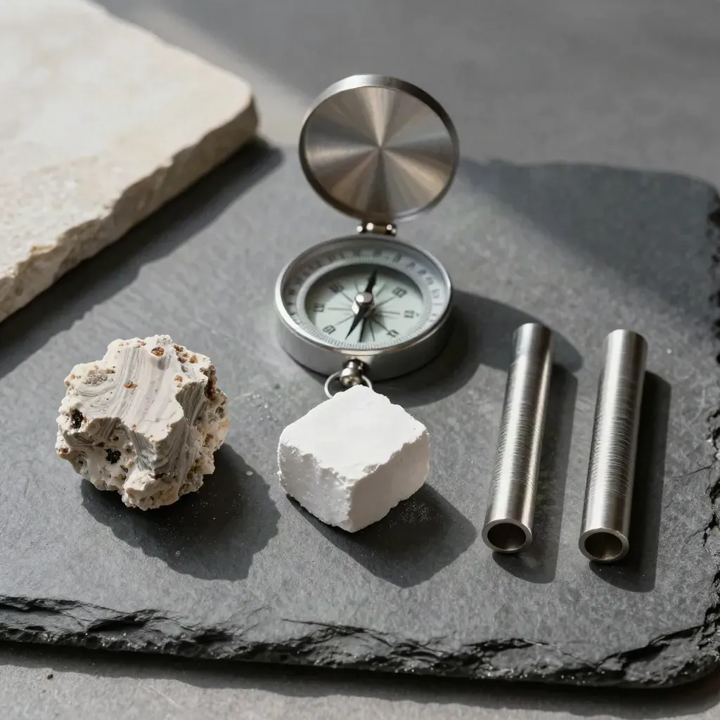 Overhead flatlay of mineral core samples, a compass and cable ferrules on matte slate.