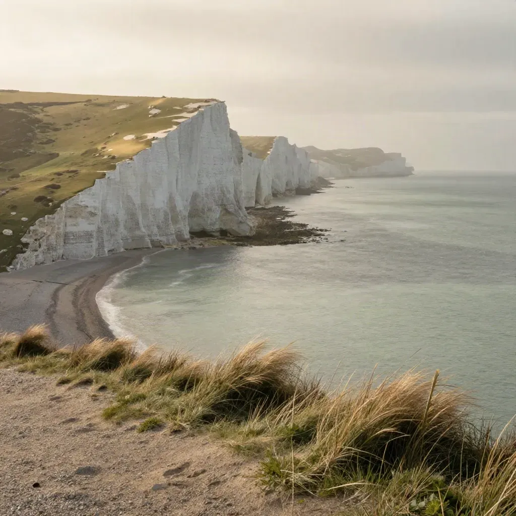 White Cliffs of Dover above a hazy grey-green sea at first warm light