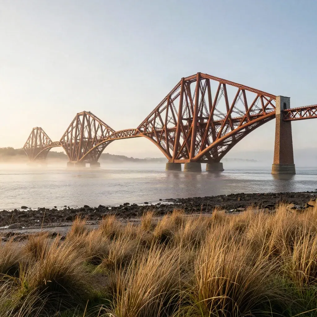 Forth Bridge glows over a misty estuary at golden hour above tidal flats