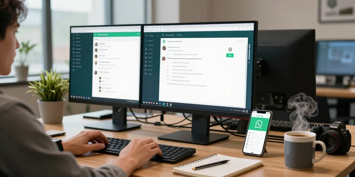 WhatsApp電腦版 desktop application in a modern workspace with dual monitors and a lively atmosphere.