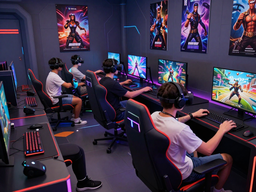 3D sex game scene with diverse players immersed in a vibrant gaming environment.