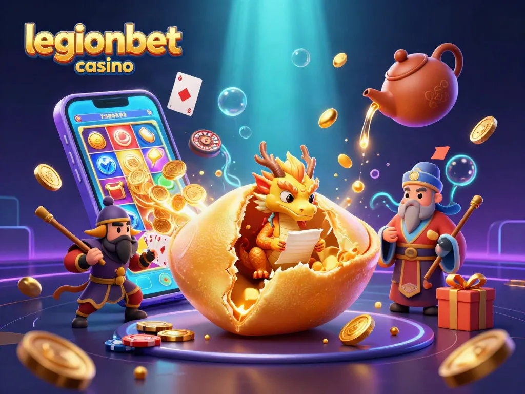 Play exciting games at legionbet casino with vibrant slots, giant golden fortune cookie, and animated characters.