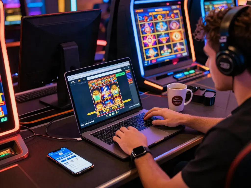 Exciting player engaging with slots at a laptop, illustrating visa casinos payment options.