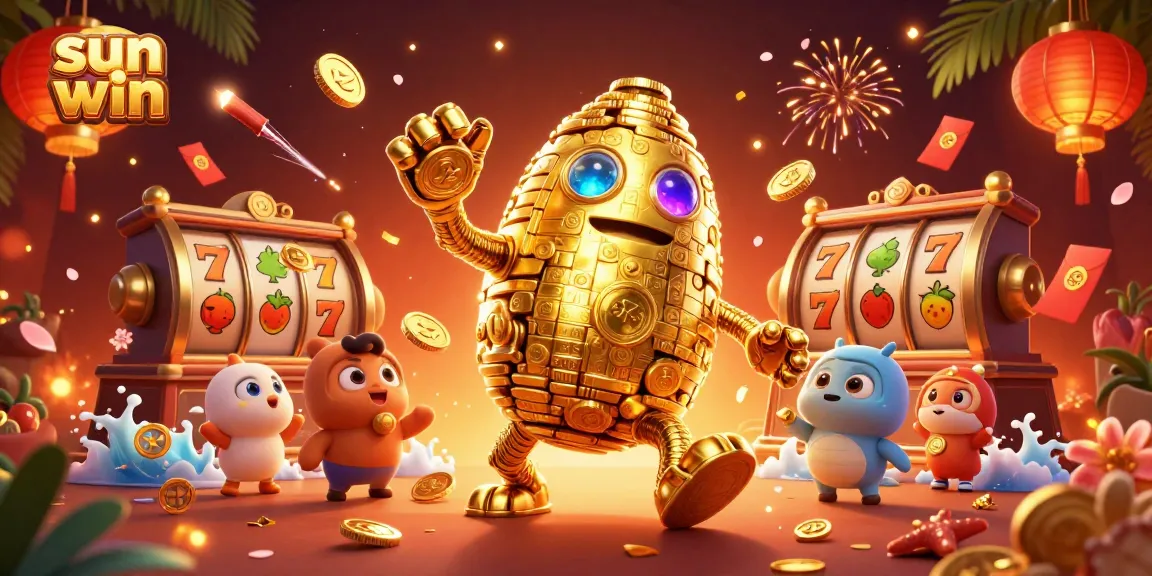 Win big with sun win in a vibrant 3D casino scene filled with slots and golden charms.