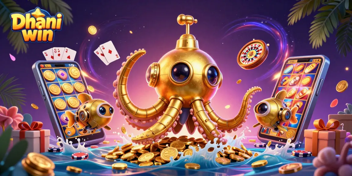 Dhani win offers thrilling gameplay as a golden kraken submarine emerges through golden coins with dynamic slot game elements.
