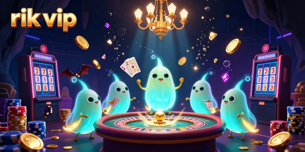 Experience thrilling gameplay with rik vip at this vibrant cave casino surrounded by glowing characters.