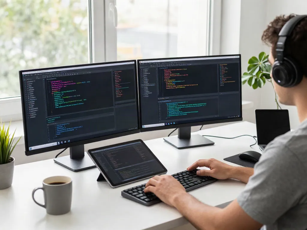 Developer focusing on instant indexing in a modern tech workspace.