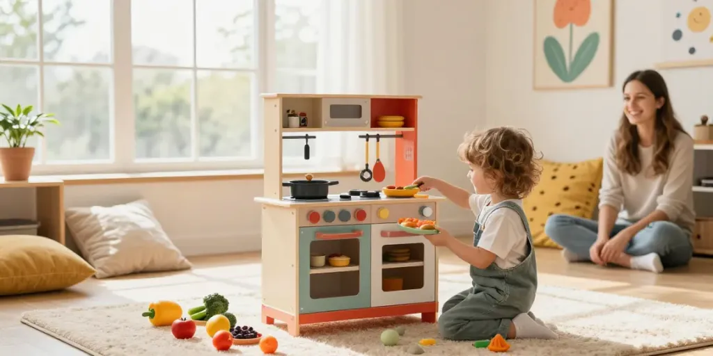 Children enjoying imaginative play with a colourful play kitchen set, creating joyful learning moments.