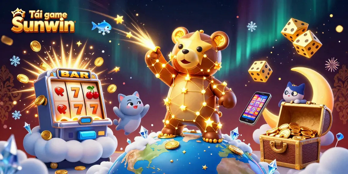 Tải game Sunwin and enjoy thrilling casino gameplay with vibrant characters and dynamic elements in a colorful 3D illustration.